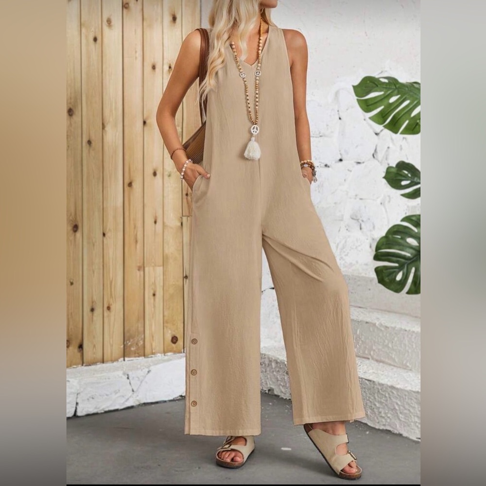 New Sleeveless Wide-Leg Jumpsuit in Beige S
